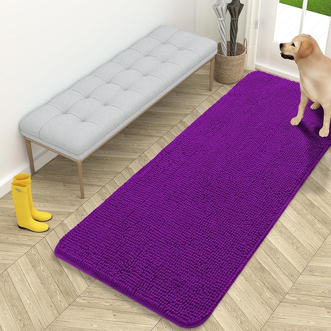 OLANLY Dog Door Mat for Muddy Paws 59x24, Absorbs Moisture and Dirt, Absorbent Non-Slip Washable Doormat, Quick Dry Chenille Mud Mat for Dogs, Entry Indoor Entryway Carpet for Inside Floor, Purple
