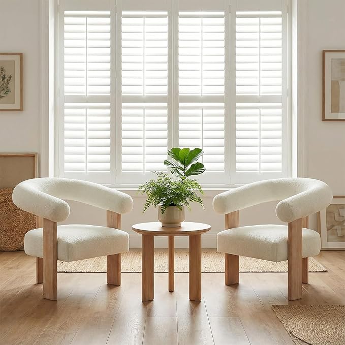 VKNOW Accent Chairs Set of 2, Modern Upholstered Living Room Chair Armchair with Solid Wood Legs, Comfy Barrel Arm Chairs for Living Room Bedroom, Cream