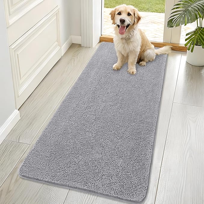 OLANLY Dog Door Mat for Muddy Paws 70x32, Absorbs Moisture and Dirt, Absorbent Non-Slip Washable Doormat, Quick Dry Chenille Mud Mat for Dogs, Entry Indoor Entryway Carpet for Inside Floor, Light Grey