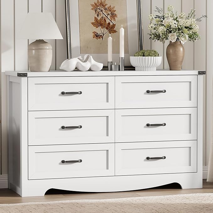 Dresser for Bedroom with 6 Drawers, 54" Wide Wood Chest of Drawers with Deep Drawers & Mental Handle, Modern Dresser TV Stand, Wooden Closet Storage Organizer for Living Room, Hallway, Entryway, White