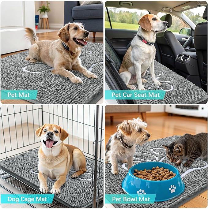 OLANLY Dog Door Mat for Muddy Paws 48x30, Paw Print Design, Absorbs Moisture and Dirt, Absorbent Non-Slip Washable Doormat, Quick Dry Chenille Mud Mat, Entry Indoor Entryway Carpet, Grey and White