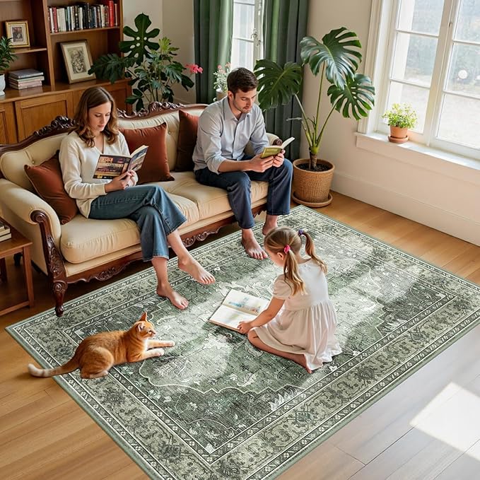 Area Rugs 5'x7' Washable Non-Slip, Floral Vintage Distress Print Pattern Medallion Carpet for Living Room Bedroom Dining Room, Dark Green Gray