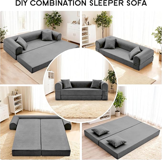78.5" Convertible Sleeper Sofa Bed, Faux Leather Deep Seat Folding Floor Sofa with Pullout Bed & 2 Pillows, No Assembly Modern Boneless Couch Compression Sofa in Box for Living Room, Office, Gray