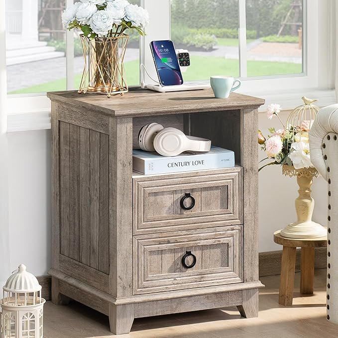Bedroom Dresser and Nightstand Sets 4 Piece, Farmhouse 6 Drawers Dresser & 40.5" Tall Chest of Drawers,18" Nightstands with Charging Station,54" Wide Furniture Dressers for Bedroom,Living Room