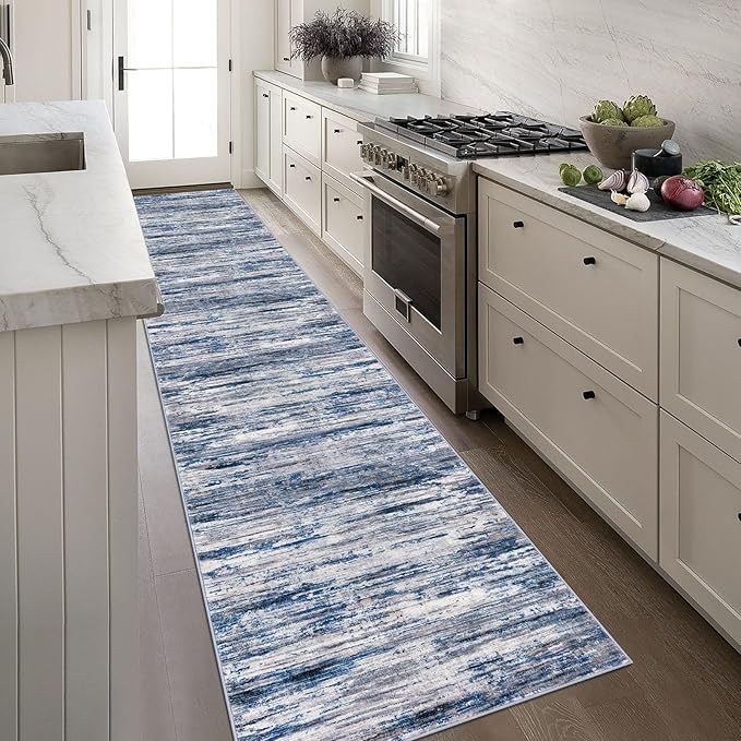 2.6x16 Modern Abstract Runner Rug for Hallways, Navy Blue Gray Neutral Multi Super Soft Hallway Decor Kitchen Rugs with Non-Slip, Non-Shedding Washable Rug for Entryway Bedroom Indoor