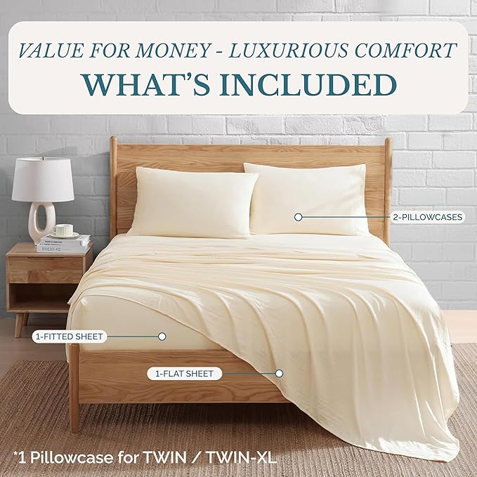 Casa Platino Full Size Sheets, 4 Piece Set (Flat, Fitted and 2 Pillowcases), Pre-Washed Ultra Soft Bed Set, Fade Resistant Full Bed Sheet Set, Cozy Set with Deep Pockets – Ivory