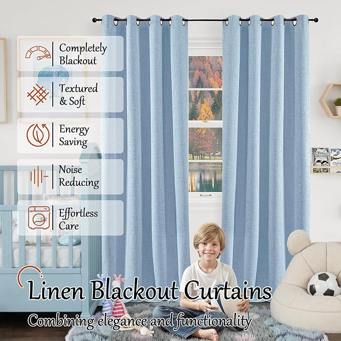 Baby Blue Linen Blackout Curtains for Nursery 95 Inch Length 2 Panels Set, Thermal Insulated Boho Total Black Out Noise Reducing Bonzer Grommets Window Curtains for Kids Bedroom, Each 52 Inch Wide
