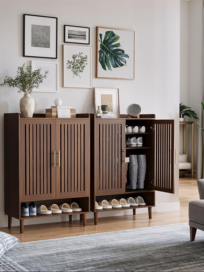 Shoe Storage Cabinet with 2 Slatted Doors, 6-Tier Large Shoe Cabinet with Adjustable Shelves, Hidden Entryway Shoe Organizer for Hallway, Foyer, Walnut
