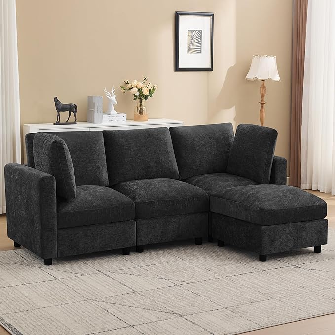 89'' 3-Seater Modular Sectional Cloud Sofa with Ottoman, L-Shaped Couch for Living Room, Modern Convertible Deep Seats Sofa, Chenille Dark Grey