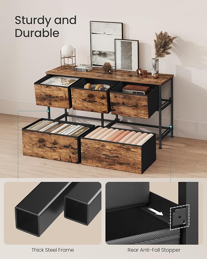 SONGMICS Dresser for Bedroom, Chest of Drawers, Steel, MDF, 5 Non-Woven Fabric Drawers, Storage Organizer Unit, Closet, Entryway, Rustic Brown and Ink Black ULGS322B02S