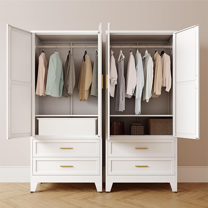 Wardrobe Closet, Metal Armoire with Drawers - 71 Inch Tall Freestanding Cabinet with Adjustable Shelves and Removable Closet Rod, Easy Assembly for Bedroom Apartment Dorm Garage,White