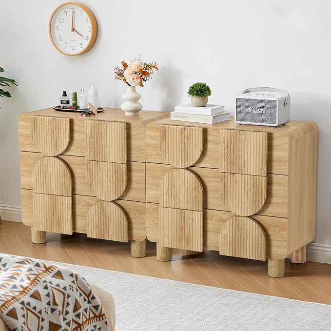 3 Drawer Dressers for Bedroom, 31.5" Wide Large Mid Century Modern Fluted Nightstand 2 Sets, Wood Dresser & Chest of Drawers with Curved Profile for Living Room, Entryway, Hallway Natural
