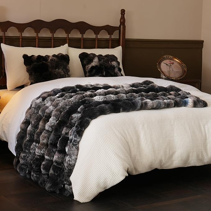 BENVWE Fluffy Faux Fur Throw Blanket for Couch, Soft Plush Thick Cozy Fuzzy Luxury Minky Bubble Blanket for Home Living Room Decor Gift for Women, Tie-dye Grey, 63" x 80", 1100GSM