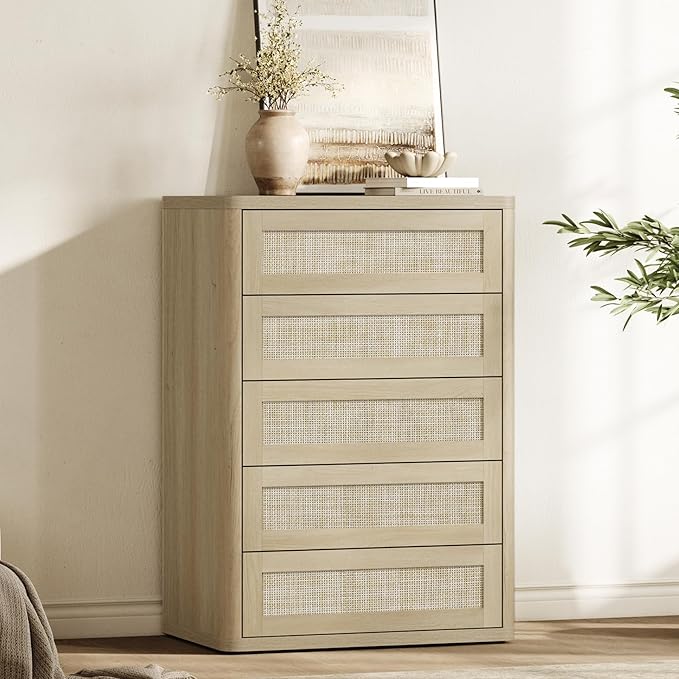 SICOTAS Tall Dresser for Bedroom - Rattan 5 Drawer Dressers Chest of Drawers with Push-to-Open Design, Boho Extra Deep Clothes Dresser with Large Storage for Closet, Living Room, Sand Oak