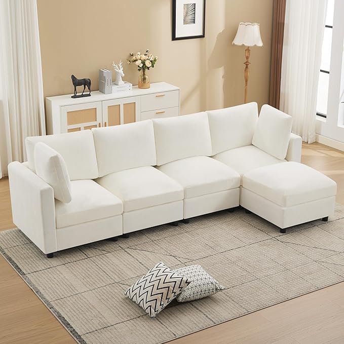 116'' 4-Seater Modular Sectional Cloud Sofa with Ottoman, Convertible L-Shaped Couch for Living Room, Modern Deep Seat Modular Sofa, Chenille Beige