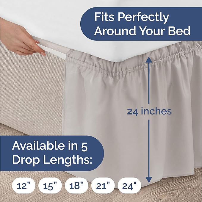 Wrap Around Dust Ruffle Bed Skirt - Light Grey - Twin/Twin XL Size Beds with 24 Inch Drop - Elastic Strap - Adjustable Pleated Bedskirt with Brushed Fabric and Wrinkle Free - Women, Men, Kids & Teens