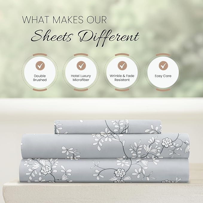 Linen Market Double-Brushed Patterned Microfiber Twin Sheet Set 3 Piece – Oeko-TEX Certified Ultra Soft & Wrinkle-Free - 16" Deep Pocket Sheets - Easy Care Twin Size - Trellis Vine Light Gray