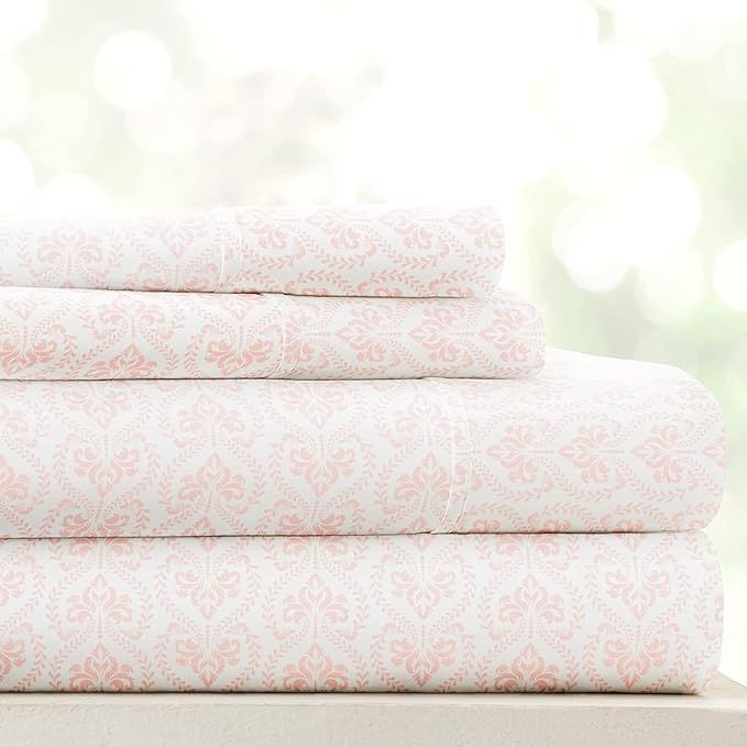 Linen Market Patterned Microfiber Queen Sheet Set 4 Piece – Oeko-TEX Certified Ultra Soft & Wrinkle-Free - 16" Deep Pocket Sheets - Easy Care Queen Size - Classic in Pink