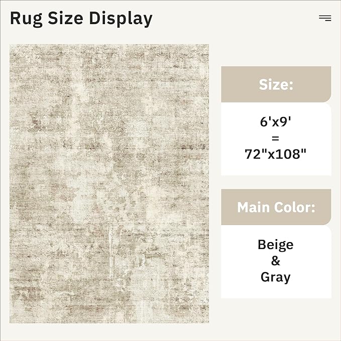6x9 Abstract Area Rugs for Living Room 6 x 9 Washable Non Slip Low Pile Gray Rugs for Bedroom Dining Room Foldable Thin Beige Gray
