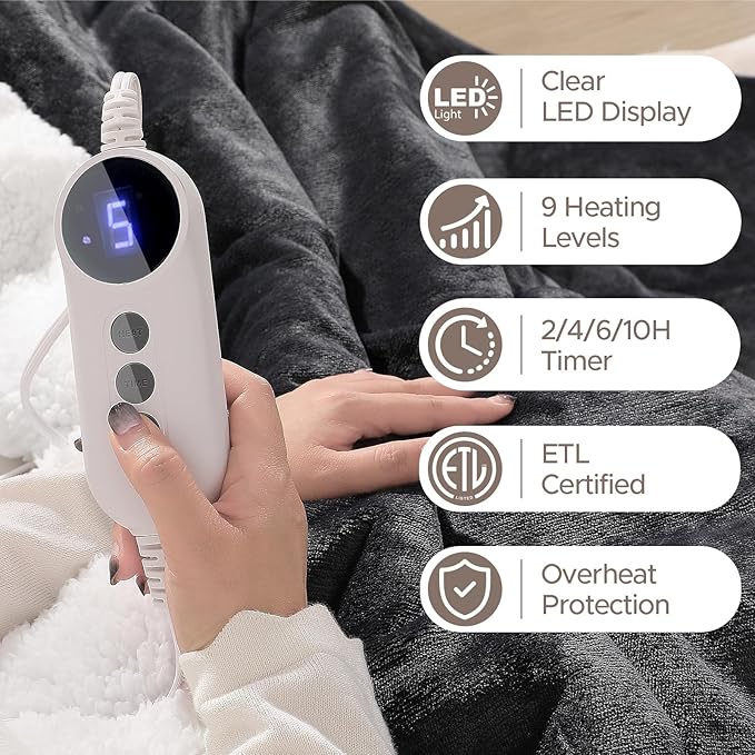Heated Blanket 72"x84" Full Size, Dual-Sided with Soft Flannel & Sherpa Fabric, Electric Blanket with 9 Heating Levels & 2-10 Hours Auto Off, Machine Washable, Dark Gray