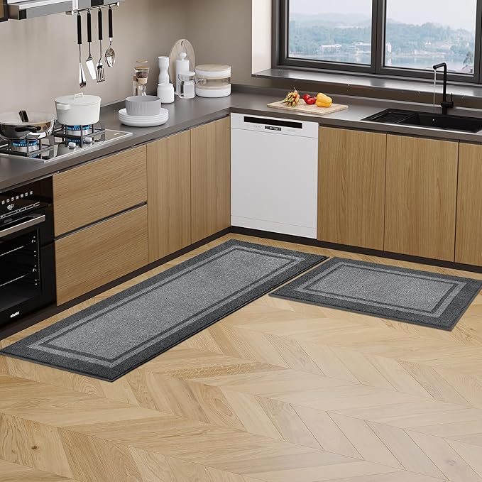 Kitchen Rugs 24" x 84", Non-Slip Machine Washable Kitchen Runner Rugs Floor Mats, Absorbent Comfort Standing Mats for Kitchen, Sink, Laundry and Hallway, Rolled Packaging, Light Grey & Dark Grey