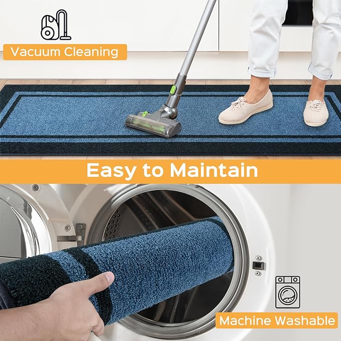 Kitchen Rugs Set (24" x 36"+24" x 60"), Non-Slip Machine Washable Kitchen Runner Rugs Floor Mats, Absorbent Comfort Standing Mats for Kitchen, Laundry and Hallway, Rolled Packaging, Light Blue & Navy
