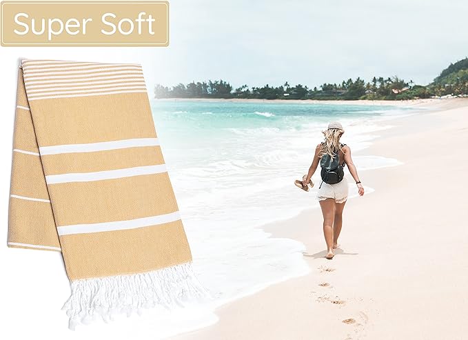Premium Turkish Beach Towel – 100% Cotton, Quick Dry, Sand Free, Oversized Beach Towels 35”x67” – Ideal for Travel, Pool, and Beach Blanket – Honey Yellow Color