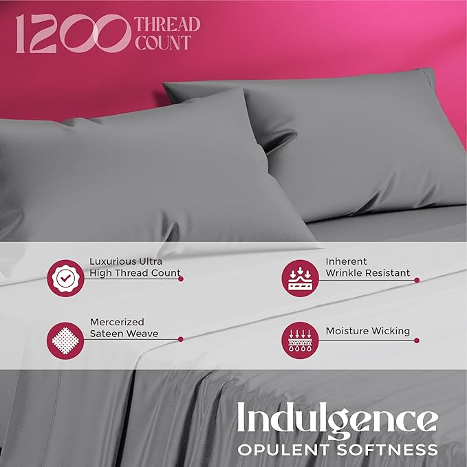 Mayfair Linen 100% Egyptian Cotton Sheets King Size - 1200 Thread Count King Size Sheets Set Egyptian Cotton, 4 PC Luxury Bedsheet (Dark Grey), Soft, Cooling, 17" Deep Pocket Sateen Weave Bedsheet Set