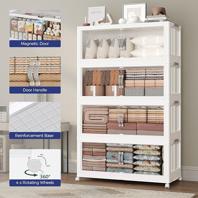 640QT Plastic Stackable Storage Bins with Lid, 160GAL Extra Large Collapsible Box with Wheels Clear Door, Foldable Closet Organizer Container Cabinet Drawer for Home Kitchen，4Pack, White