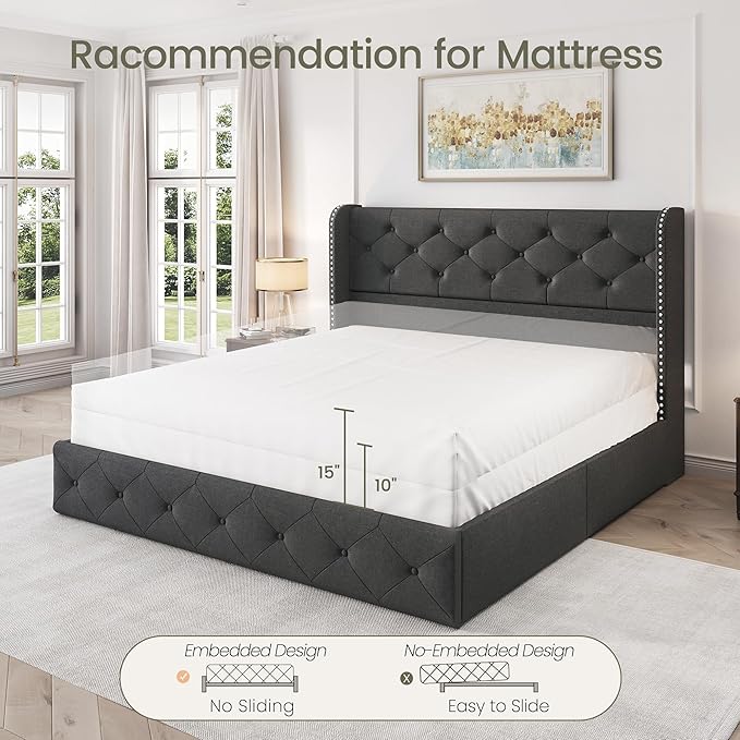 LARMACE Full Size Bed Frame with 4 Storage Drawers and Wingback Headboard Linen Upholstered Platform Bed Frame Tufted Beds with Wooden Slats Support, Easy Assembly, Dark Grey