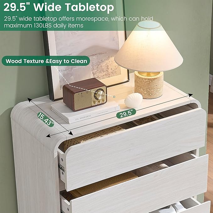 White 5 Drawers Dresser, Curved Dresser with Storage Organizer, Modern Drawer of Handleless, Large Chest of Drawers for Living Room, Nursery, Entryway, 29.5’’W