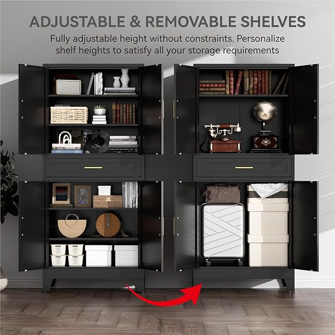 71" Tall Farmhouse Pantry Cabinet,Metal Cabinets with Doors and Shelves,Storage Cabinet for Kitchen, Garage,Black