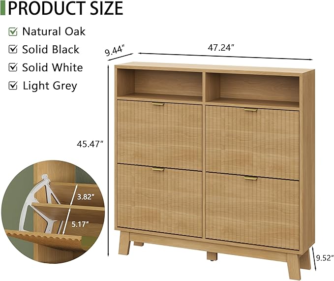Shoe Cabinet with 4 Flip Drawers, 46" Tall Hidden Fluted Shoe Storage Organizer for Entryway, Narrow Slim Wooden Shoe Rack Cabinet for Front Door Entrance, Hallway, Living Room, Natural Oak