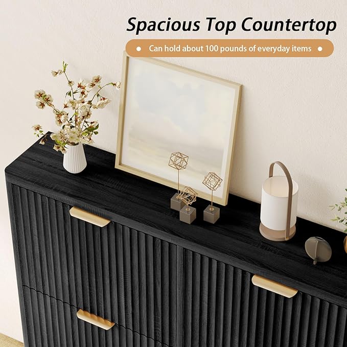 Fluted Shoe Cabinet Storage with 4 Flip Drawers, Narrow Shoe Storage Organizer for Entryway, Hidden Slim Wooden Shoe Rack Cabinet for Front Door Entrance, Hallway, Living Room (4-Drawer, Black)