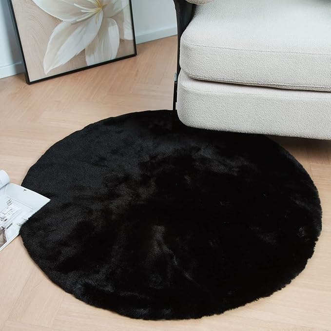 Latepis Fluffy Round Area Rugs 4ft Black Shag Rug Circle Faux Fur Rabbit Rug for Living Room Bedroom Furry Carpet for Nursery Kids Rugs Cute Room Decor