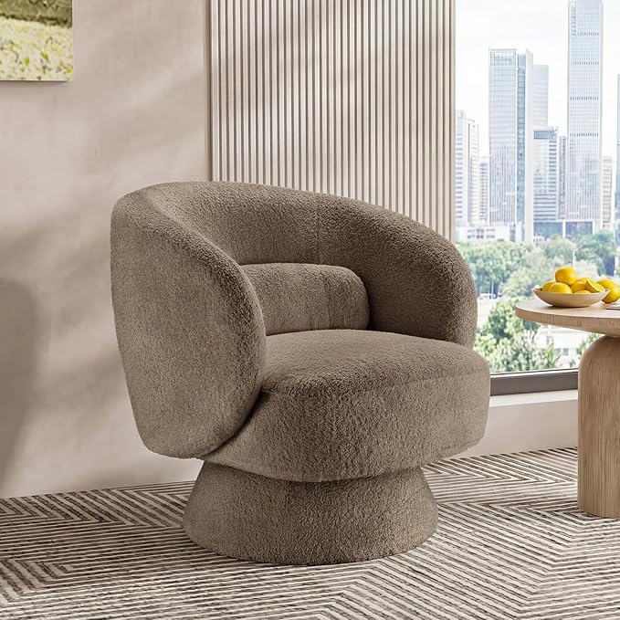 Swivel Accent Chair, Modern 360 Degree Swivel Barrel Chair with Arms & Curved Back and Lumbar Support Cushion, Comfy Round Single Boucle Sofa for Small Space, Living Room, Bedroom, Brown