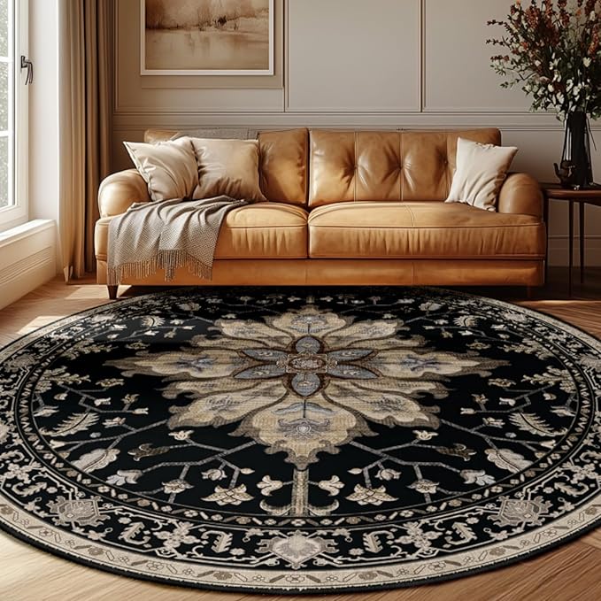 Area Rugs 7ft Washable Non-Slip, Floral Vintage Distress Print Pattern Medallion Carpet for Living Room Bedroom Dining Room, Black Brown Neutral Dark Tan