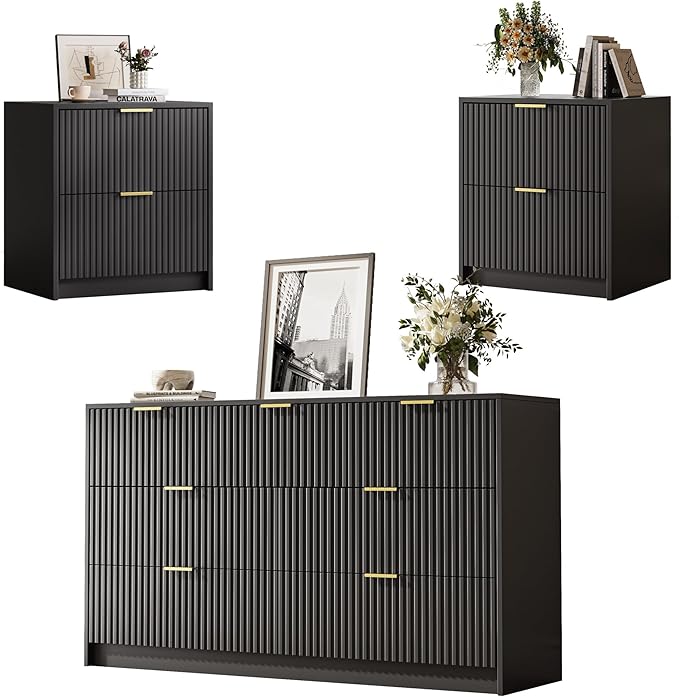 3-Piece Dresser Bedroom Set, 7 Drawer Dresser & 2 Drawer Nightstands with Gold Handles, Fluted Wood Chest of Drawers for Bedroom, Living Room, Entryway, Black