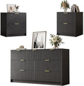 3-Piece Dresser Bedroom Set, 7 Drawer Dresser & 2 Drawer Nightstands with Gold Handles, Fluted Wood Chest of Drawers for Bedroom, Living Room, Entryway, Black