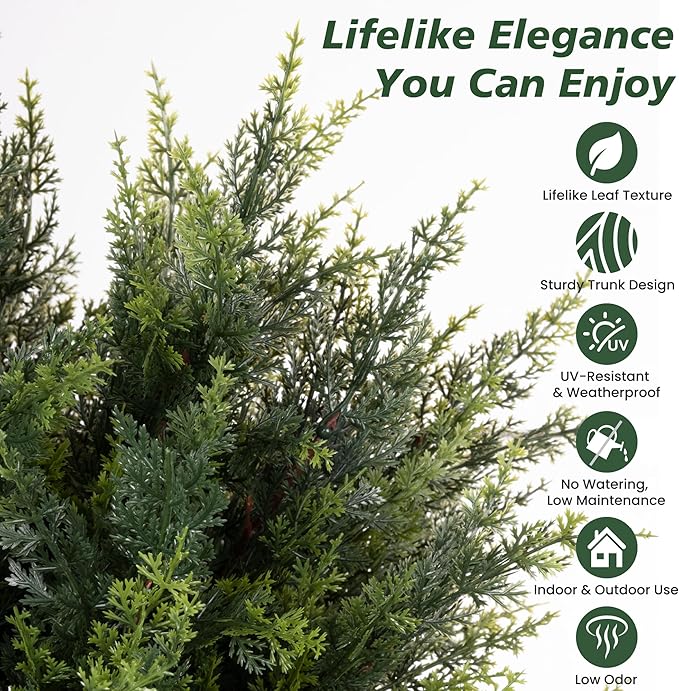 23.6" Artificial Topiary Cedar Trees with 4 Ground Stakes, Faux Outdoor Evergreen Shrubs, UV Resistant Fake Cedar Plants for Porch, Patio, Garden, Yard, Lawn, Landscape Decoration - 2 Pack