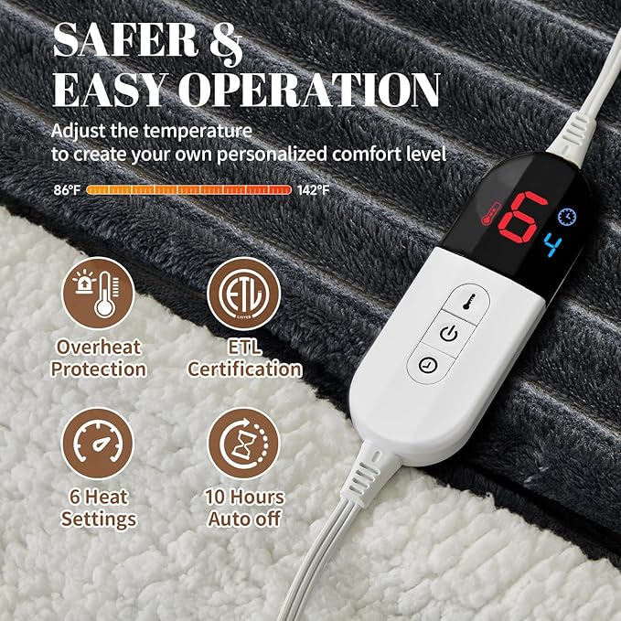 Electric Heated Blanket Queen Size Dual Control - 84"x90" Fast Heating Bed Blankets with 6 Heating Levels & 10 Hours Auto Off, Soft Ribbed Flannel, Over-Heat Protection ETL, Dark Gray