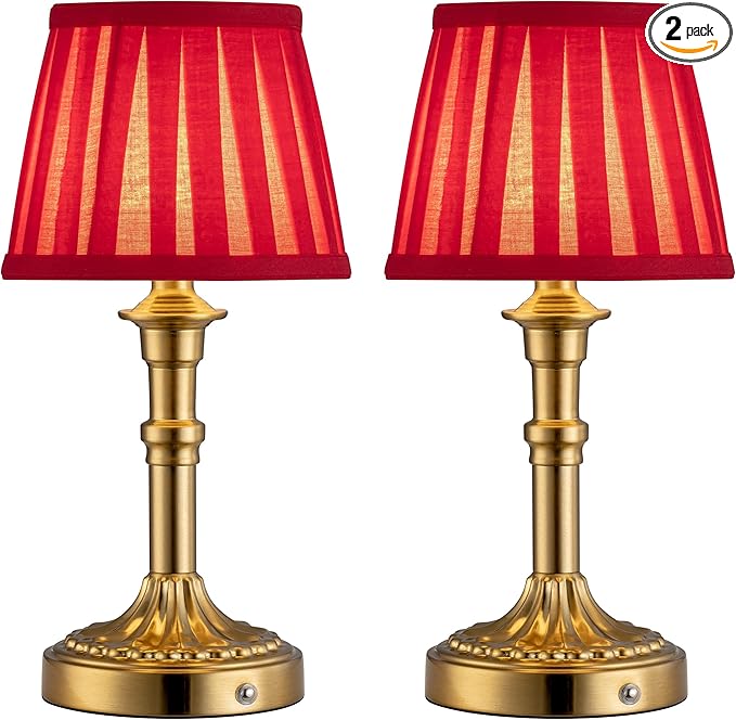 KDG Cordless Portables Table Lamp Set of 2, LED Fabric Shade Small Desk Lamps, 5000mAh Battery Powered Lighting, 2700K Stepless Dimmable Light for Living Room, Dining Room, Bedroom (Bronze+Red)