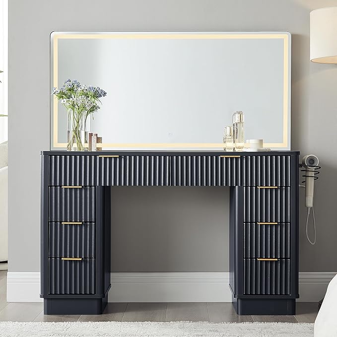 T4TREAM 48" Fluted Makeup Vanity Desk with Large Led Lighted Mirror, Modern Vanity Table with 8 Drawers & Charging Station, Glass Top Dressing Table for Bedroom, Dark Grey