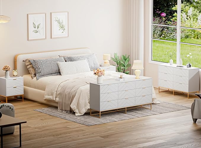 Anbuy Morden 9 Drawer Dresser and Nightstand Sets for Bedroom, Night Stand Set of 2 & 9 Drawer Dresser with Gold Handles, Morden Wood Chest of Drawers Storage Cabinet Set, White