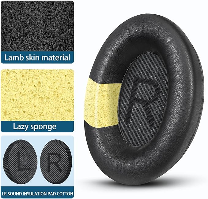 Headphones Replacement Ear Pads, Sheepskin Ear Cushions for Bose QuietComfort 35 (QC35) Improved Durability, Ear Pads Cushions with High-Density Foam, Thickness and Sound Isolation - Black