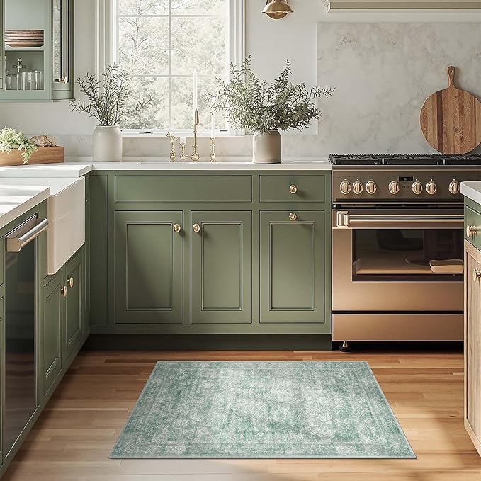 jinchan 2x3 Washable Rug for Entryway - Kitchen Mats Vintage Floral Ultra-Thin Low Pile Soft Throw Small Non-Slip Distressed Doormat Accent Rug for Entrance Bathroom Bedroom (2'x3', Green)