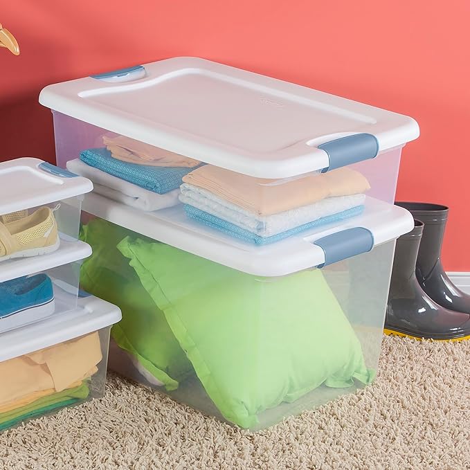 Sterilite 18-Pack Latching Box, Under Bed Storage Bins with Lids, Clear Plastic, 32 Quart - Heavy-Duty Organizing Containers for Closet, Bathroom, and Office