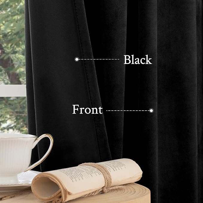 LAMIT Halloween Black Velvet Blackout Curtains for Bedroom, 96 Inch Thermal Room Darkening Panels Back Tab and Rod Pocket Privacy Protected Drapes for Living Room/Movie Theater, 2 Panels, 52 x 96 Inch