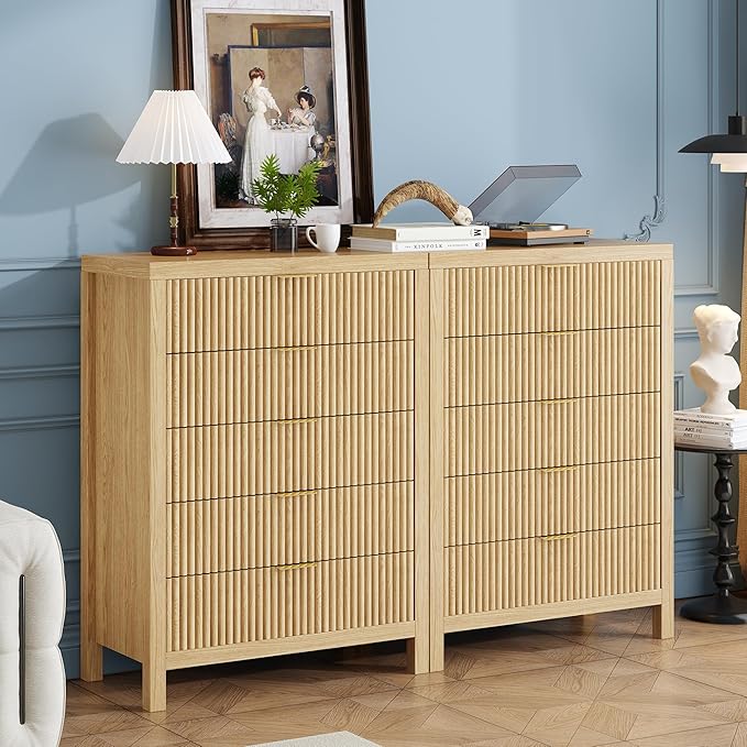 5 Drawer Dresser, 43" Tall Dresser Organizer TV Drawer Cabinet Modern Wood Storage Cabinet, Modern Wood Storage Cabinet for Bedroom, Hallway, Entryway, Natural X 2