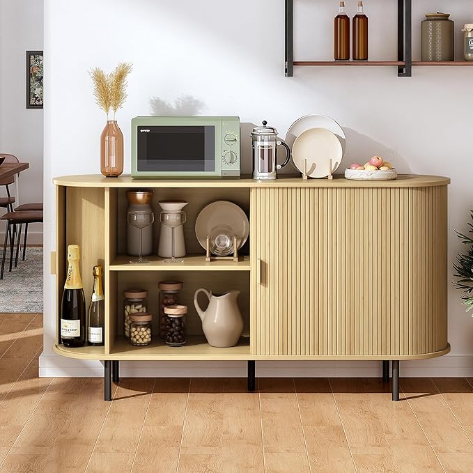 ONBRILL 55" Sideboard Buffet Cabinet with Storage, Sliding Door & Adjustable Shelf, Modern Accent Coffee Bar Console Table for Kitchen, Entryway, Oak